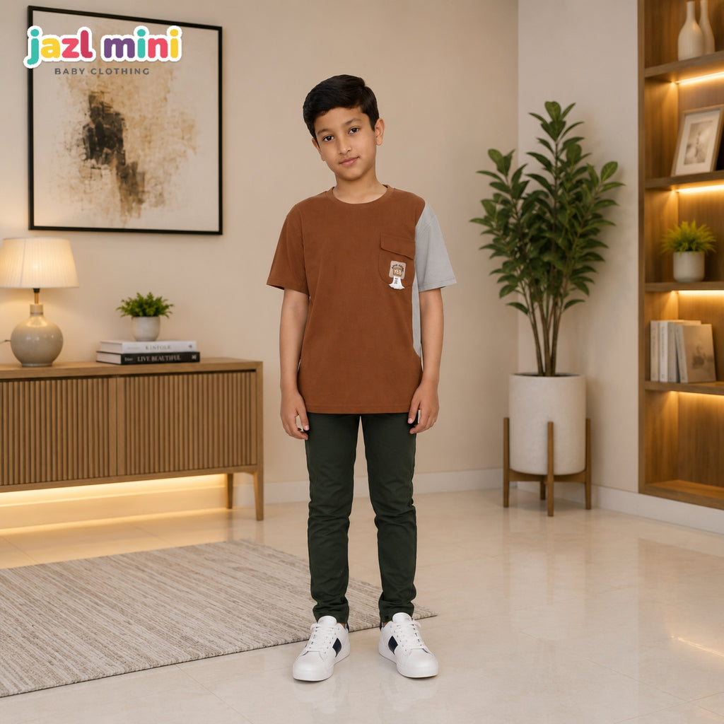 Kid's Colour Block Brown T-Shirt