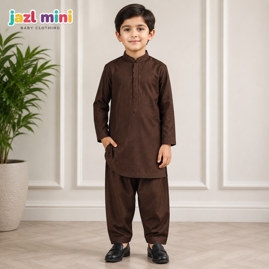 Kids Brown Embroidered Kurta Shalwar