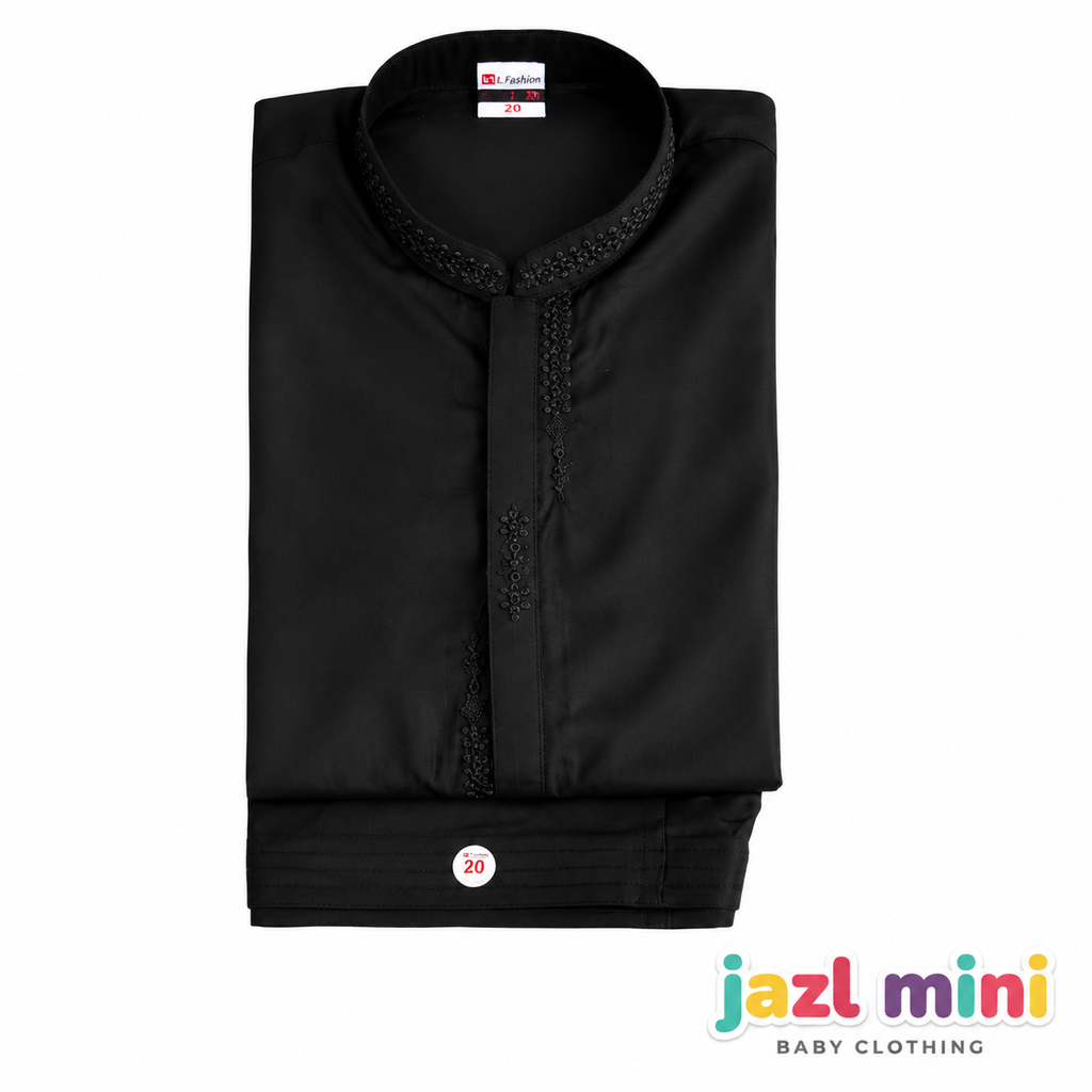 Kid's Black Checked Embroidered Kurta Shalwar