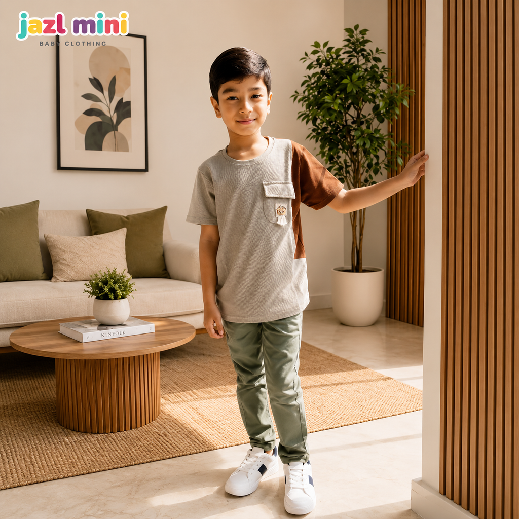 Kid's Colour Block Grey T-Shirt