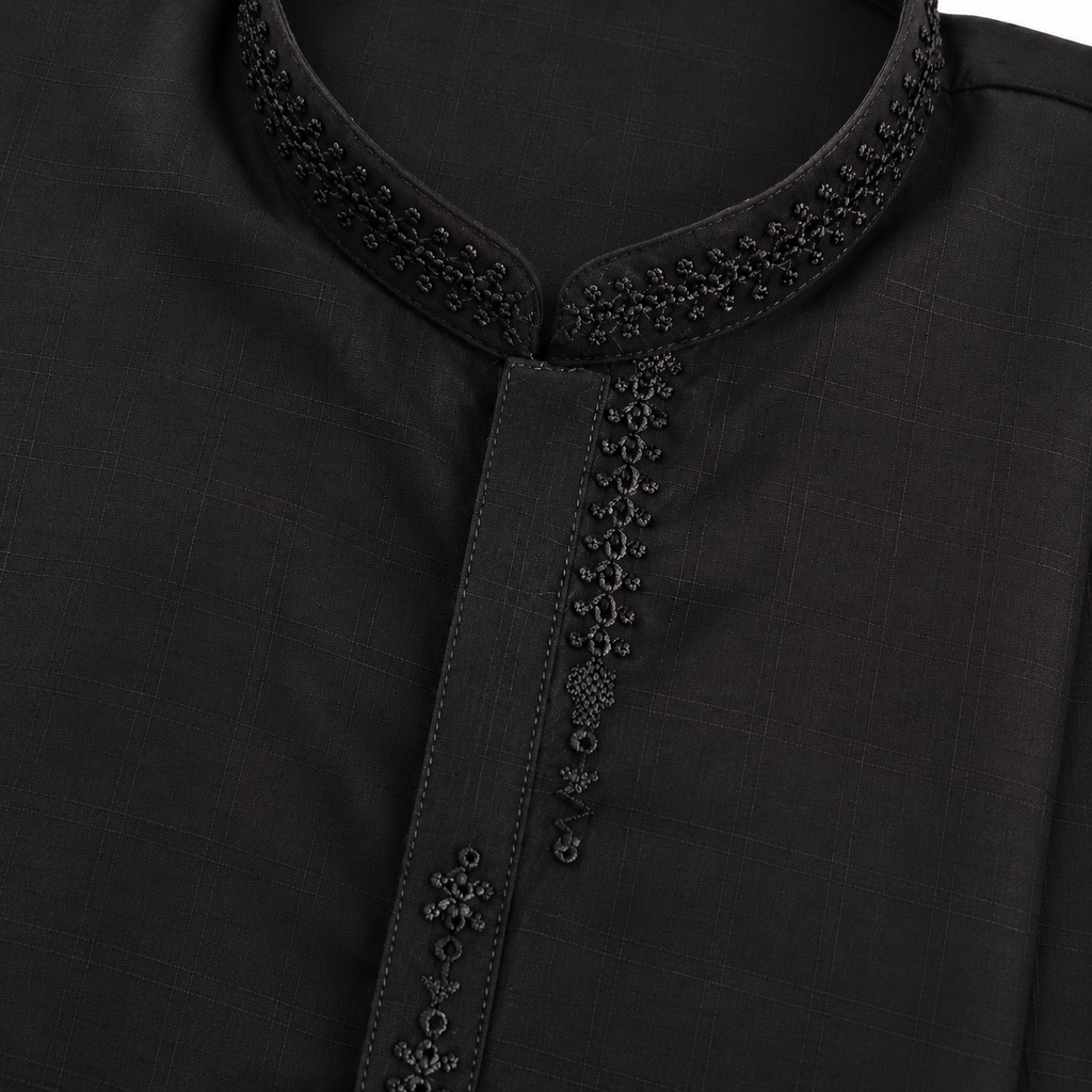Kid's Black Checked Embroidered Kurta Shalwar